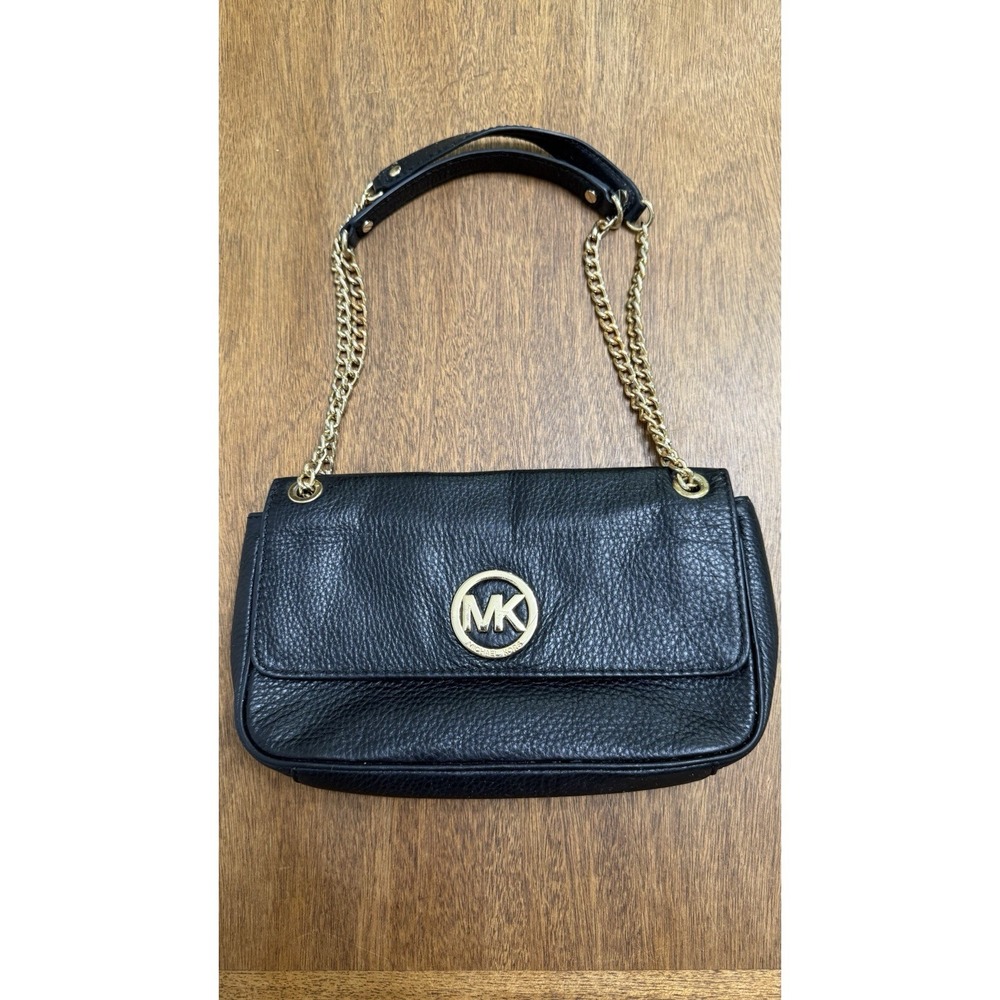 Michael Kors Fulton Flap Black Leather Shoulder Bag Pebbled Gold Chain Strap - Picture 4 of 9